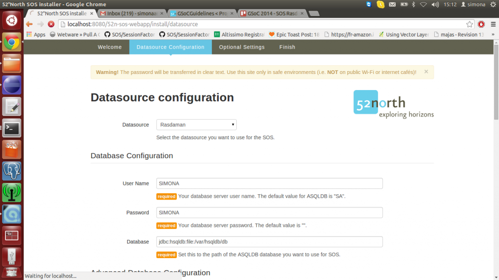 Rasdaman datasource configuration start screen