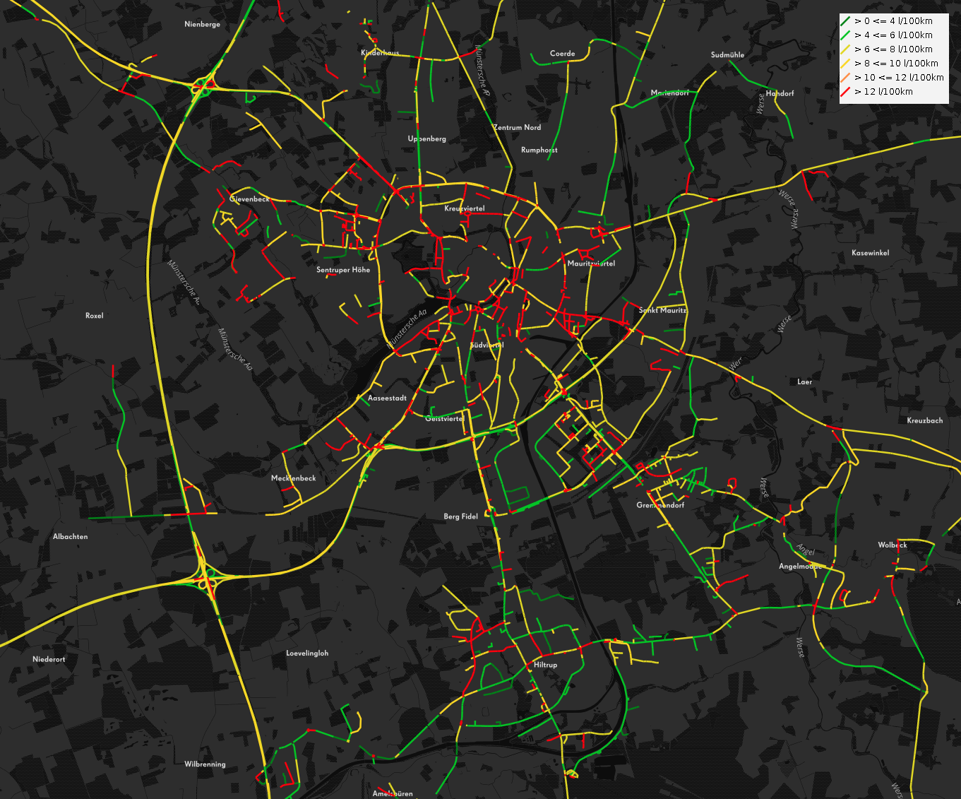 Average fuel consumption per OSM segment in the city of Münster based on open data from the enviroCar platform.
