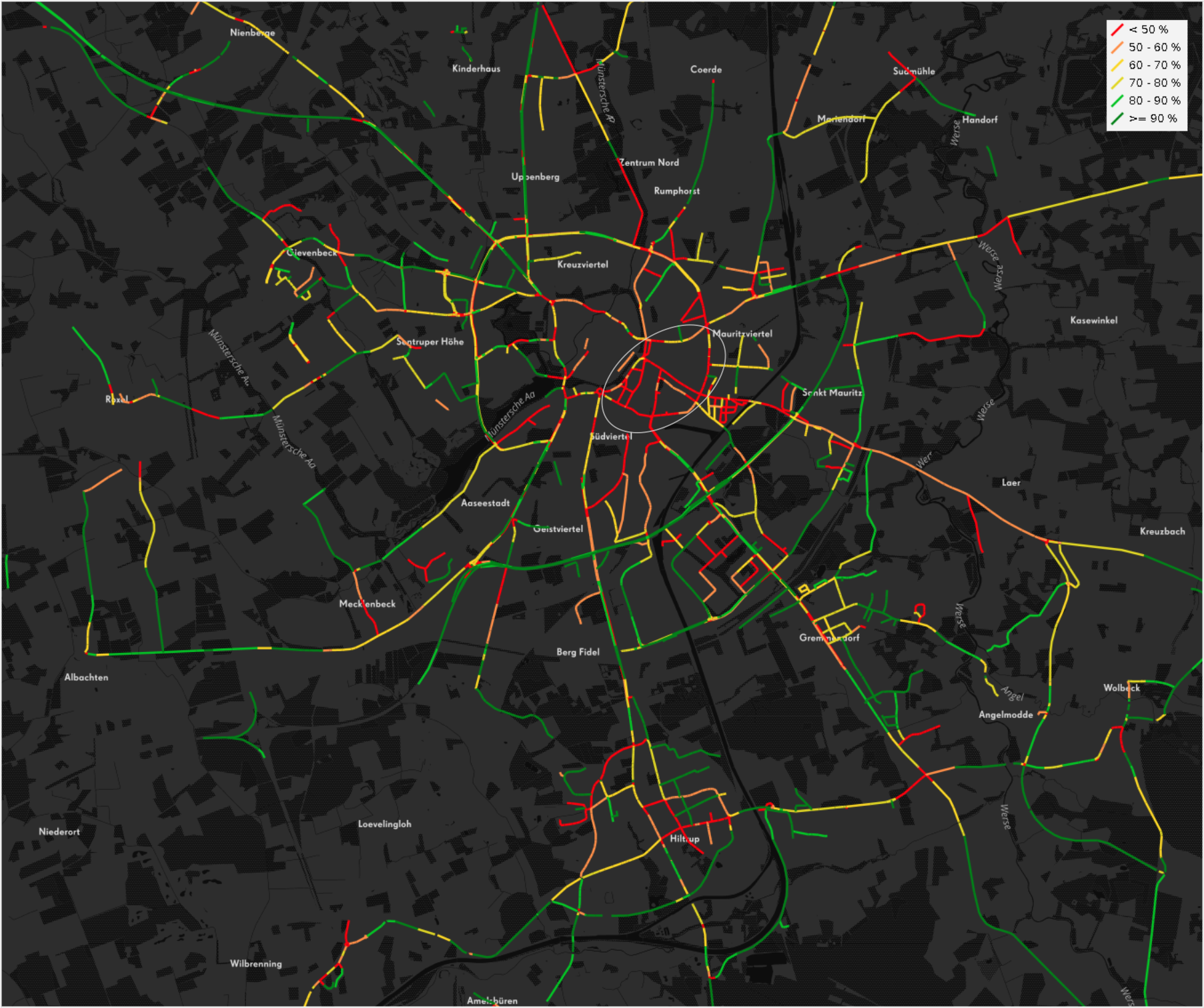 Relative average achieved driving speed per OSM segment in the city of Münster based on open data from the enviroCar platform.